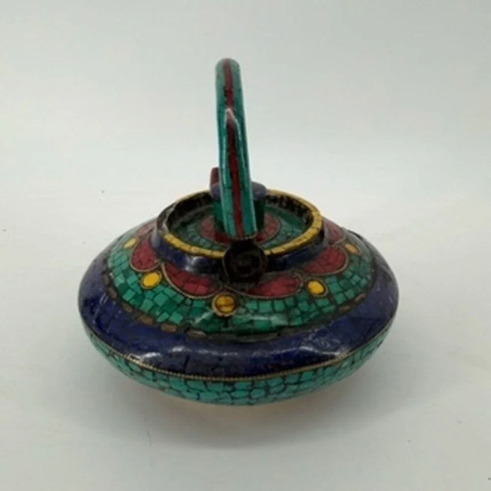 Vintage Tibetan Style Metal Teapot Turquoise Lapis Mosaic Inlay Decorative Pot
